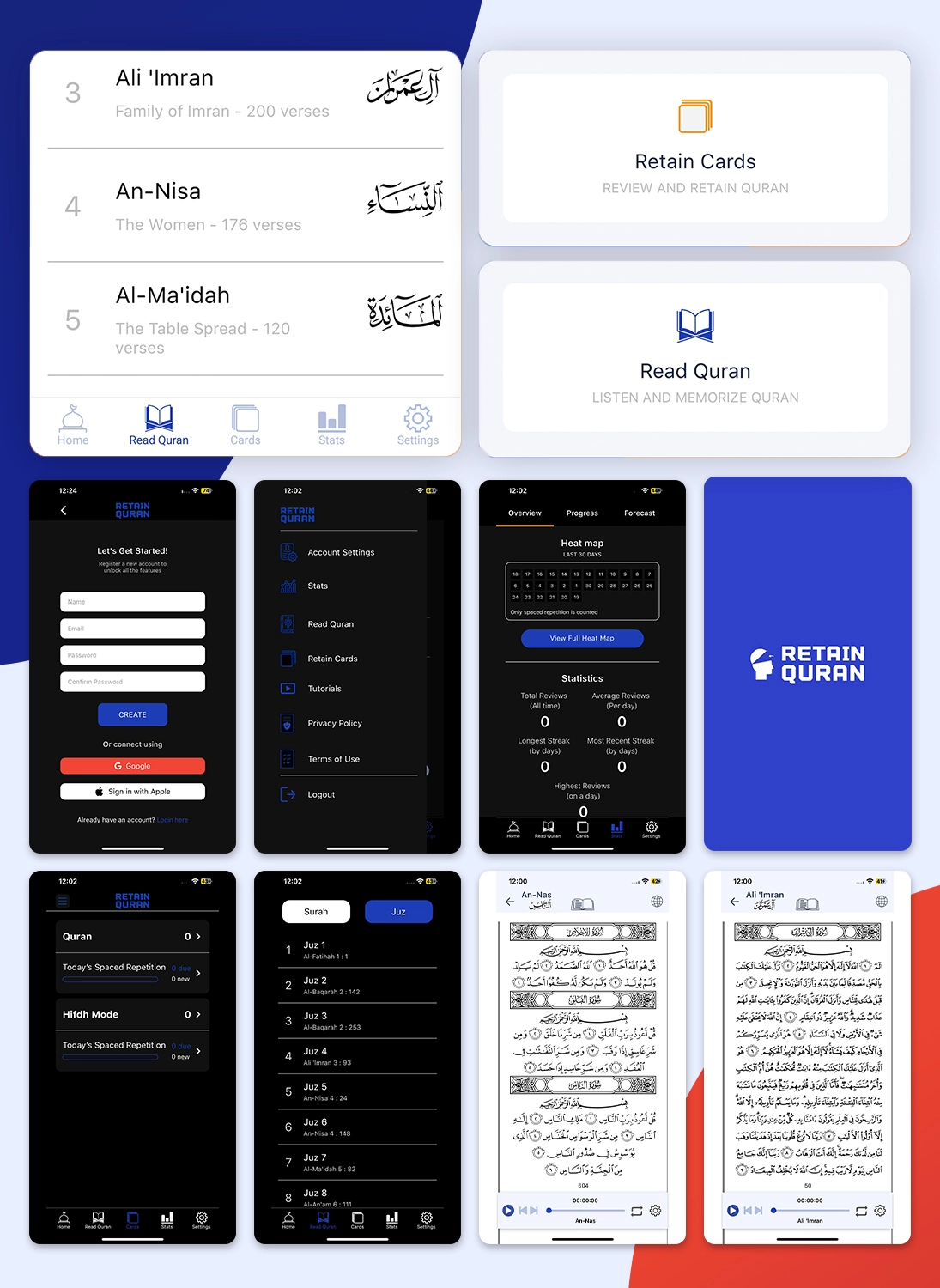 Quran reading and memorization mobile app interface